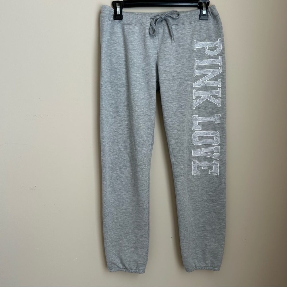 Luscious Cream Gray w/White Lace Embroidered “Pink Love” Jogger Sweat Pants Sz M